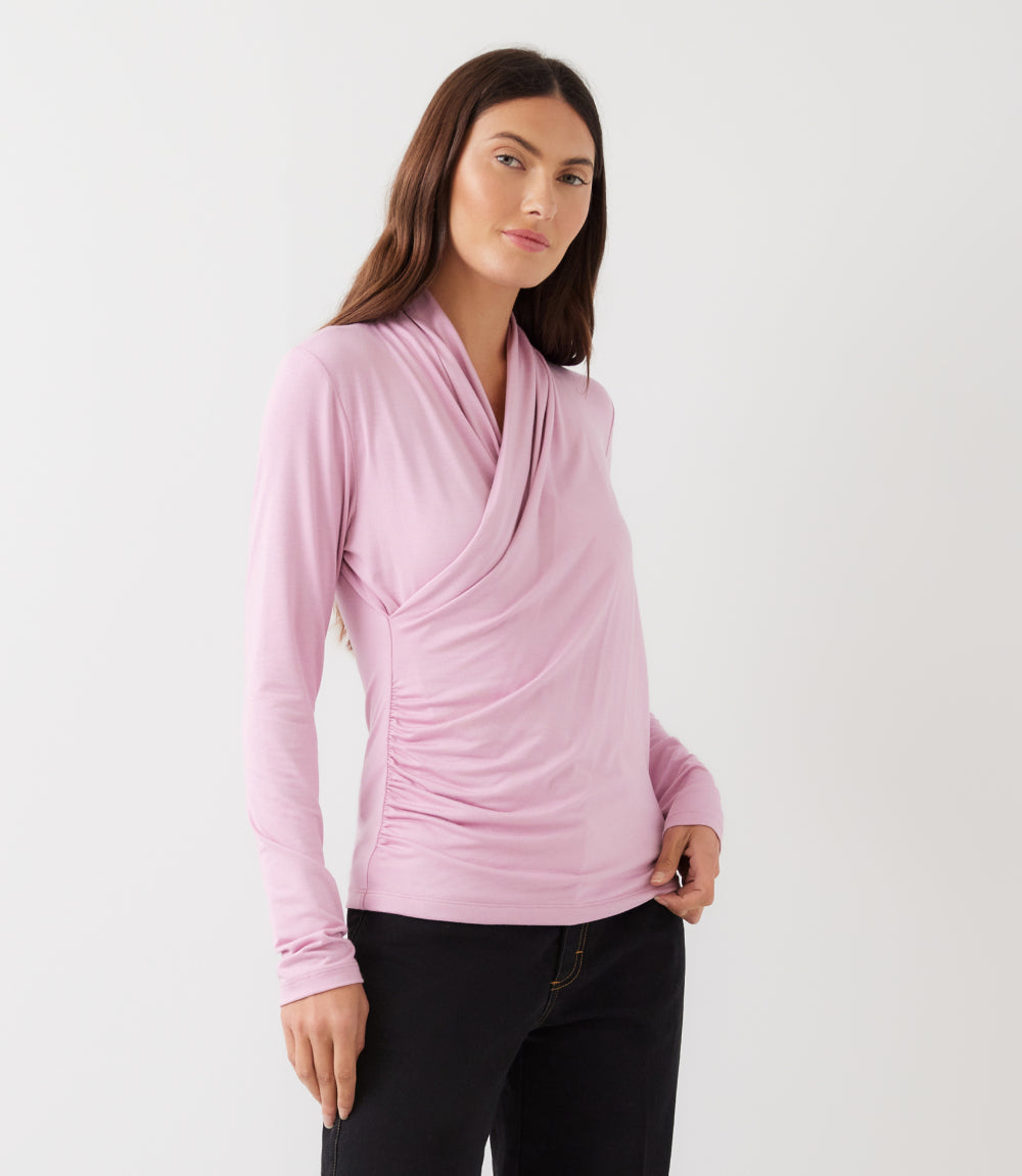 Long Sleeve Crossover Side-Shirred Top