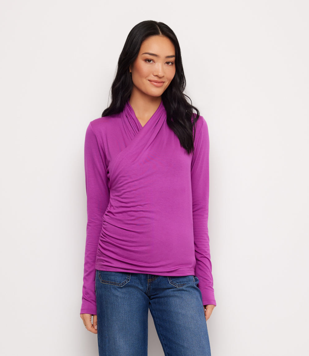 Long Sleeve Crossover Side-Shirred Top