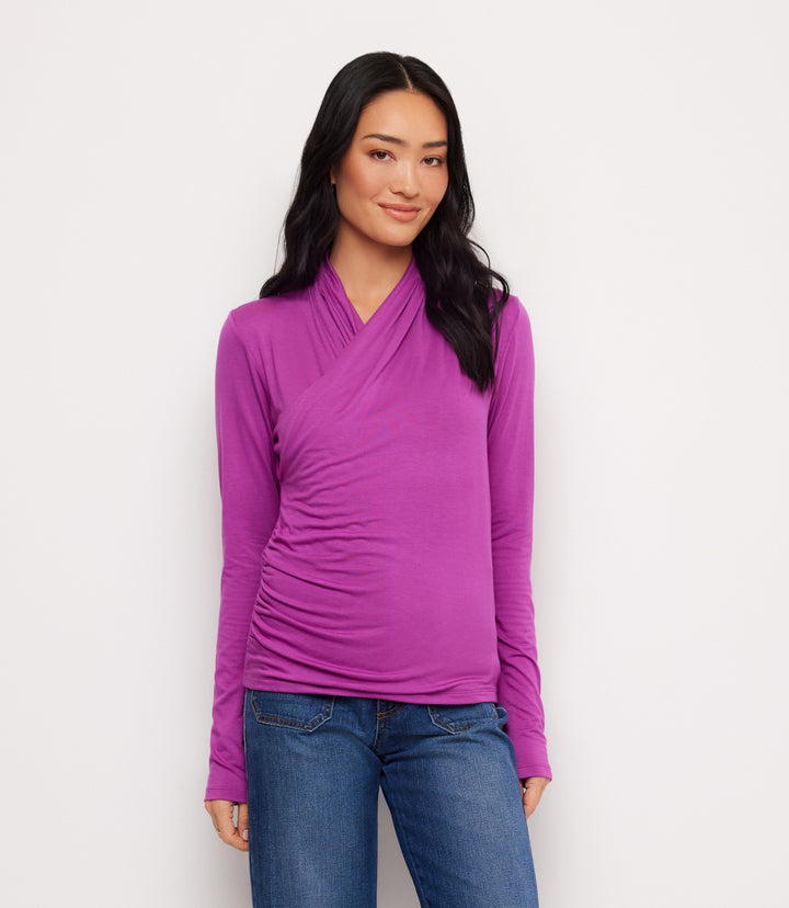 Long Sleeve Crossover Side-Shirred Top