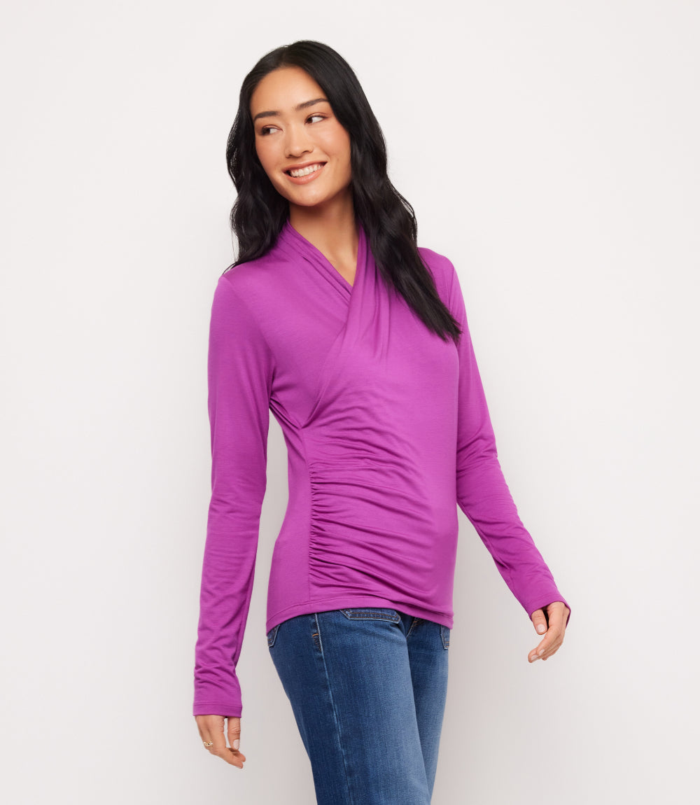 Long Sleeve Crossover Side-Shirred Top