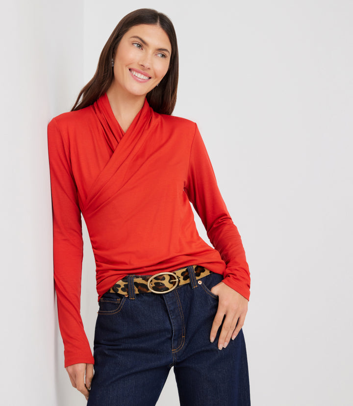Long Sleeve Crossover Side-Shirred Top