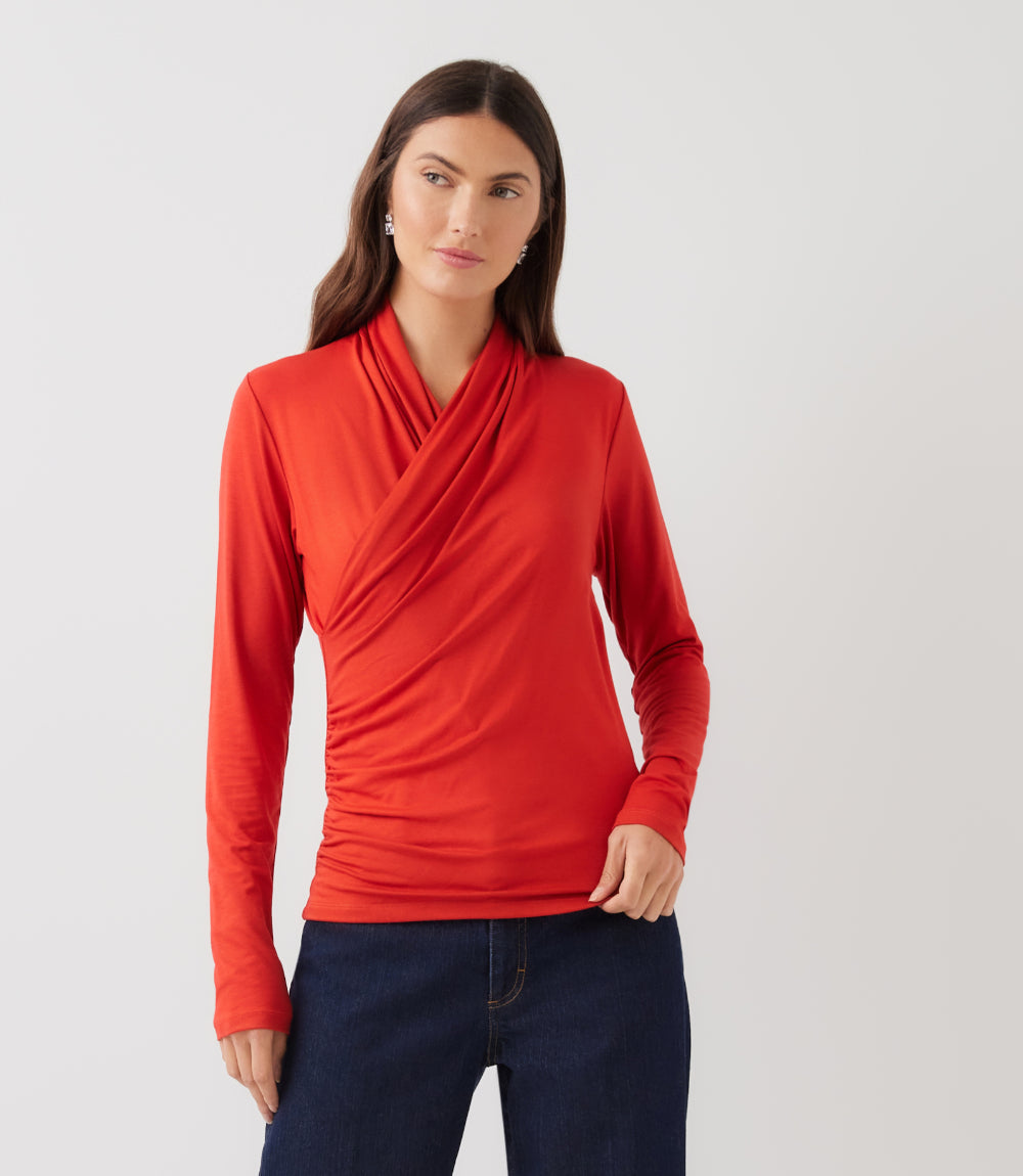Long Sleeve Crossover Side-Shirred Top