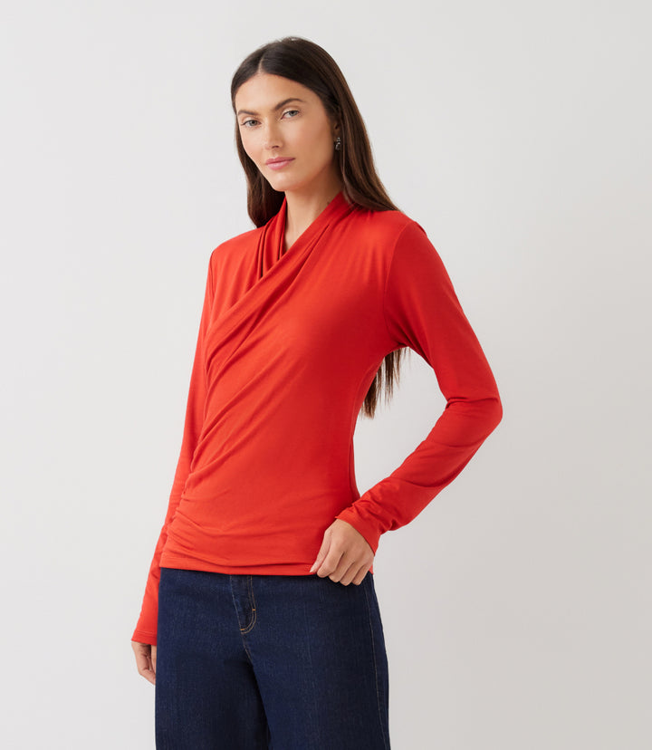 Long Sleeve Crossover Side-Shirred Top