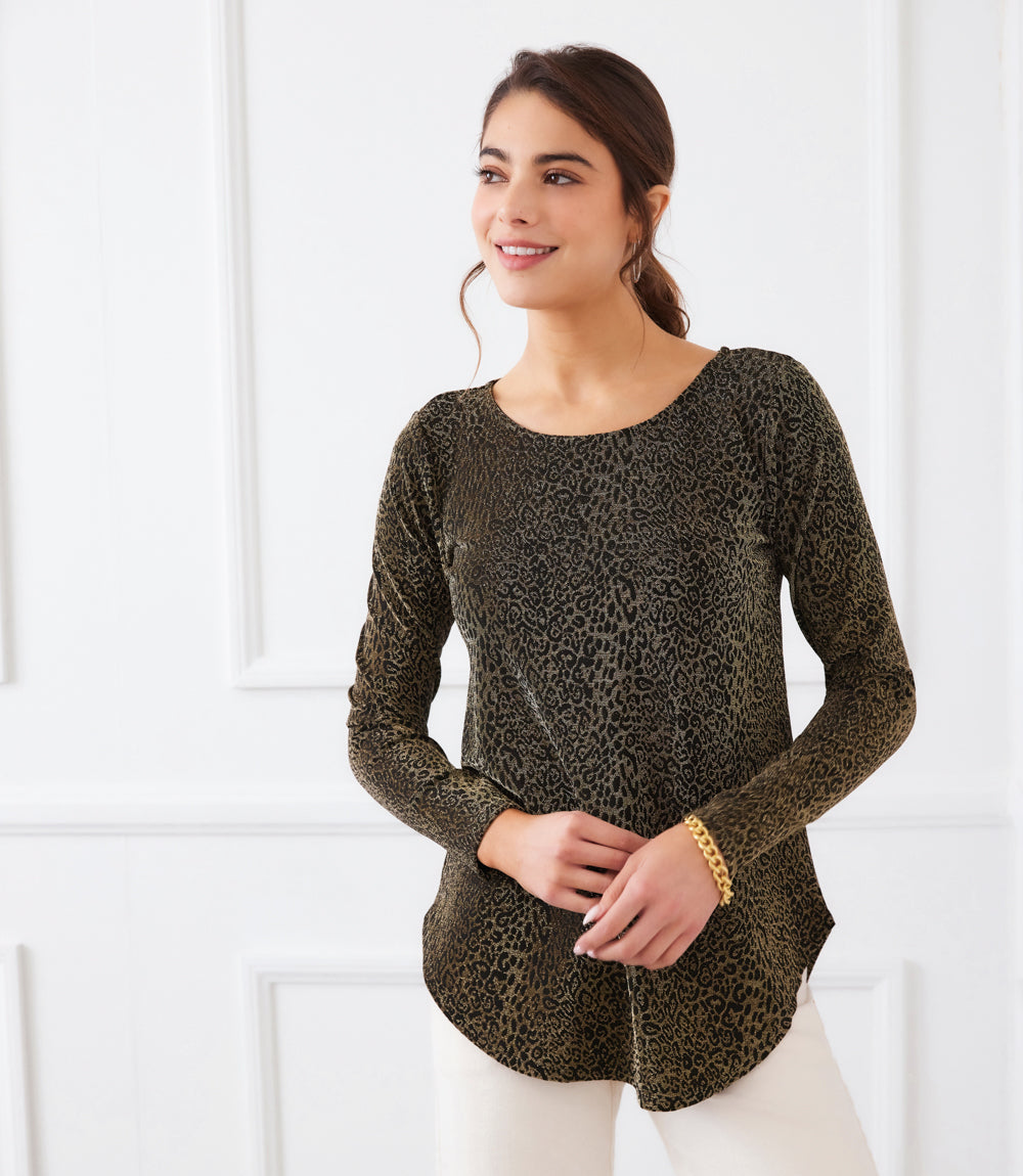 Petite long sleeve metallic knit top with leopard print, scoop neck, and shirttail hem