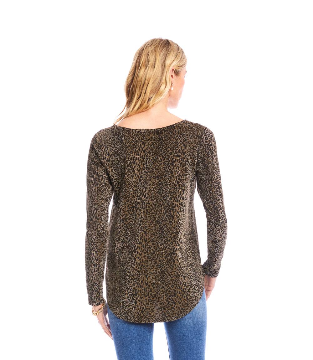 Petite Size Long Sleeve Metallic Knit Shirttail Top