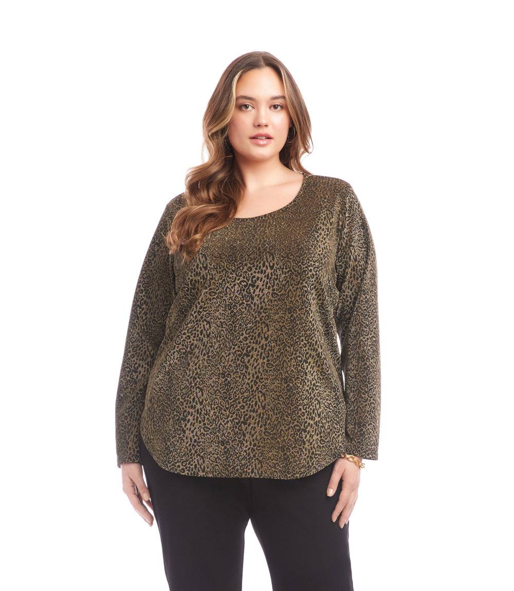 Plus size long sleeve metallic knit top with leopard print and scoop neckline