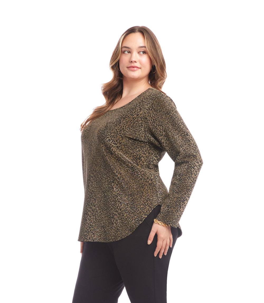 Plus Size Long Sleeve Metallic Knit Shirttail Top