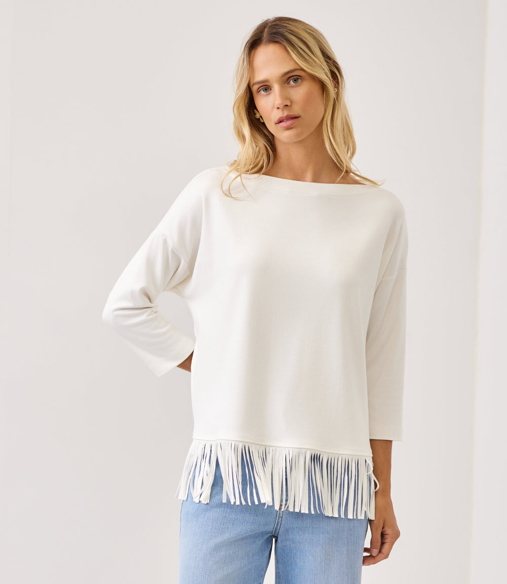 Petite Size 3/4 Sleeve Fringe Boatneck Top