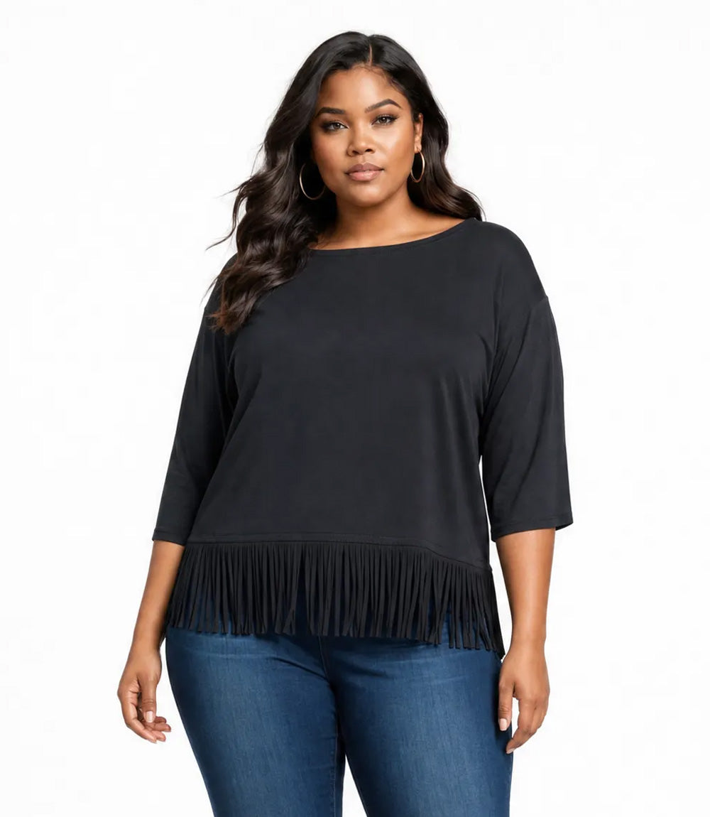 Plus Size 3/4 Sleeve Fringe Boatneck Top