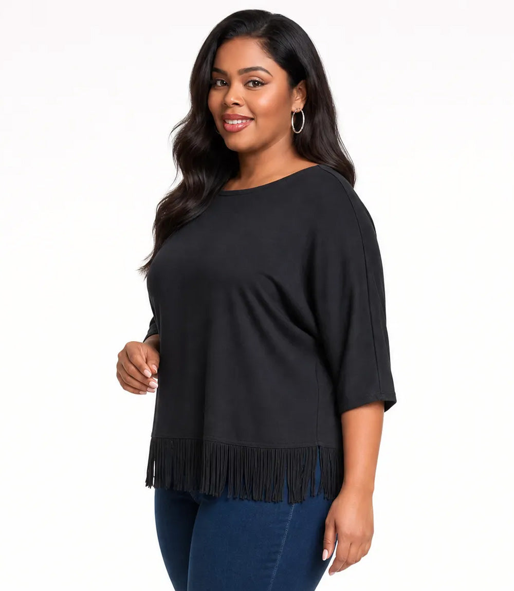 Plus Size 3/4 Sleeve Fringe Boatneck Top