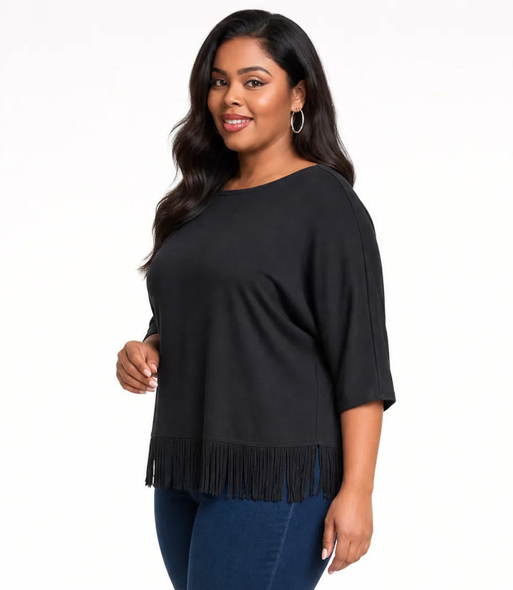 Plus Size 3/4 Sleeve Fringe Boatneck Top