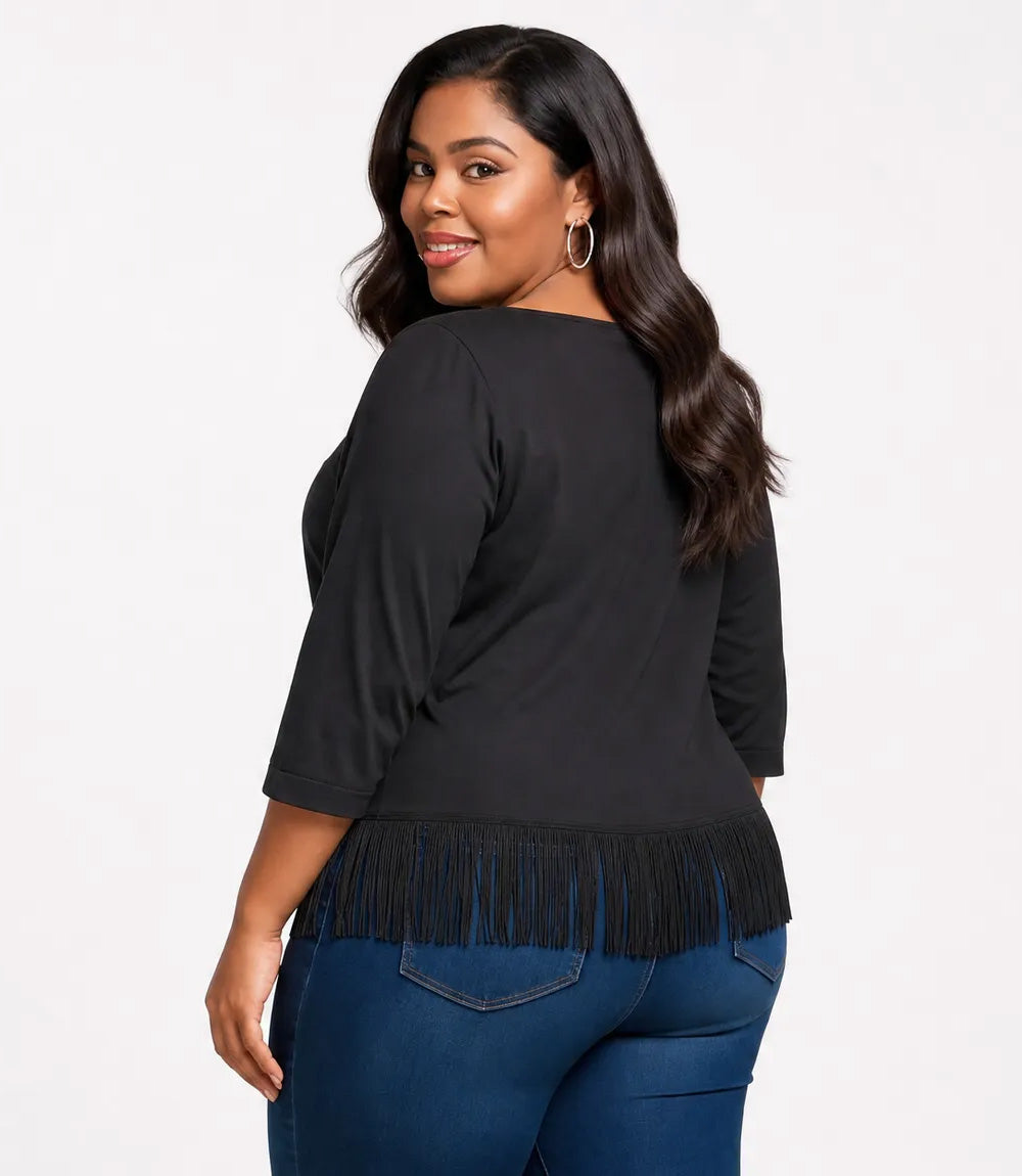Plus Size 3/4 Sleeve Fringe Boatneck Top