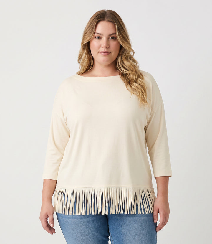 Plus Size 3/4 Sleeve Fringe Boatneck Top