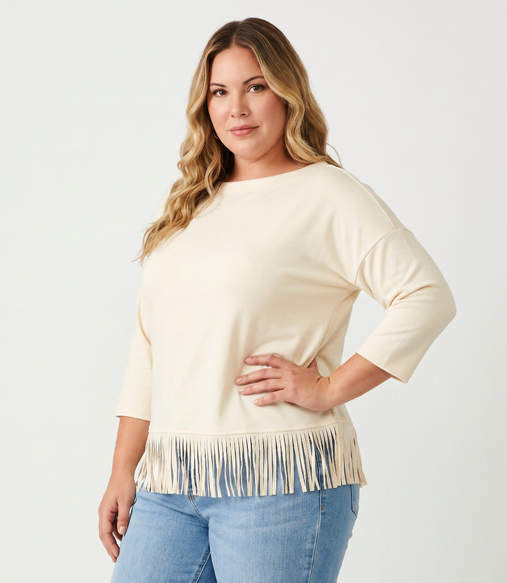 Plus Size 3/4 Sleeve Fringe Boatneck Top