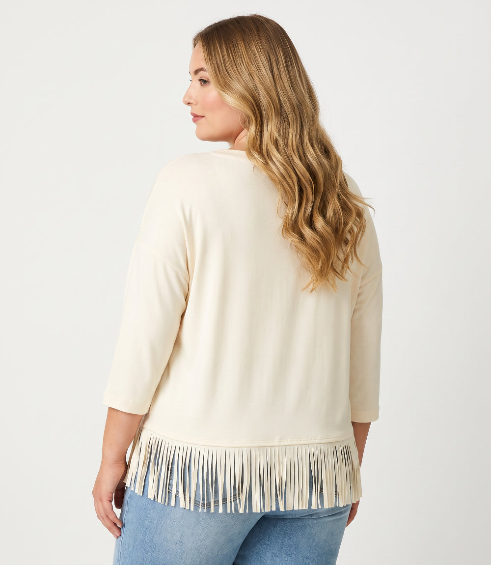 Plus Size 3/4 Sleeve Fringe Boatneck Top