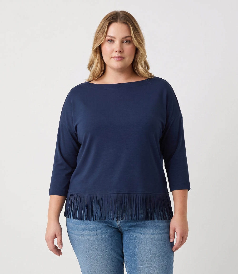 Plus Size 3/4 Sleeve Fringe Boatneck Top