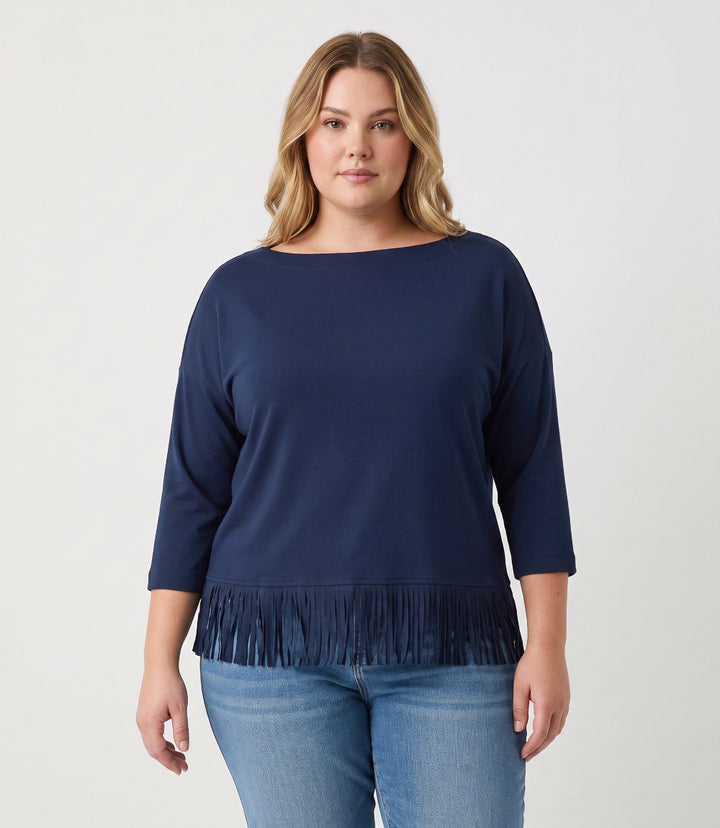 Plus Size 3/4 Sleeve Fringe Boatneck Top