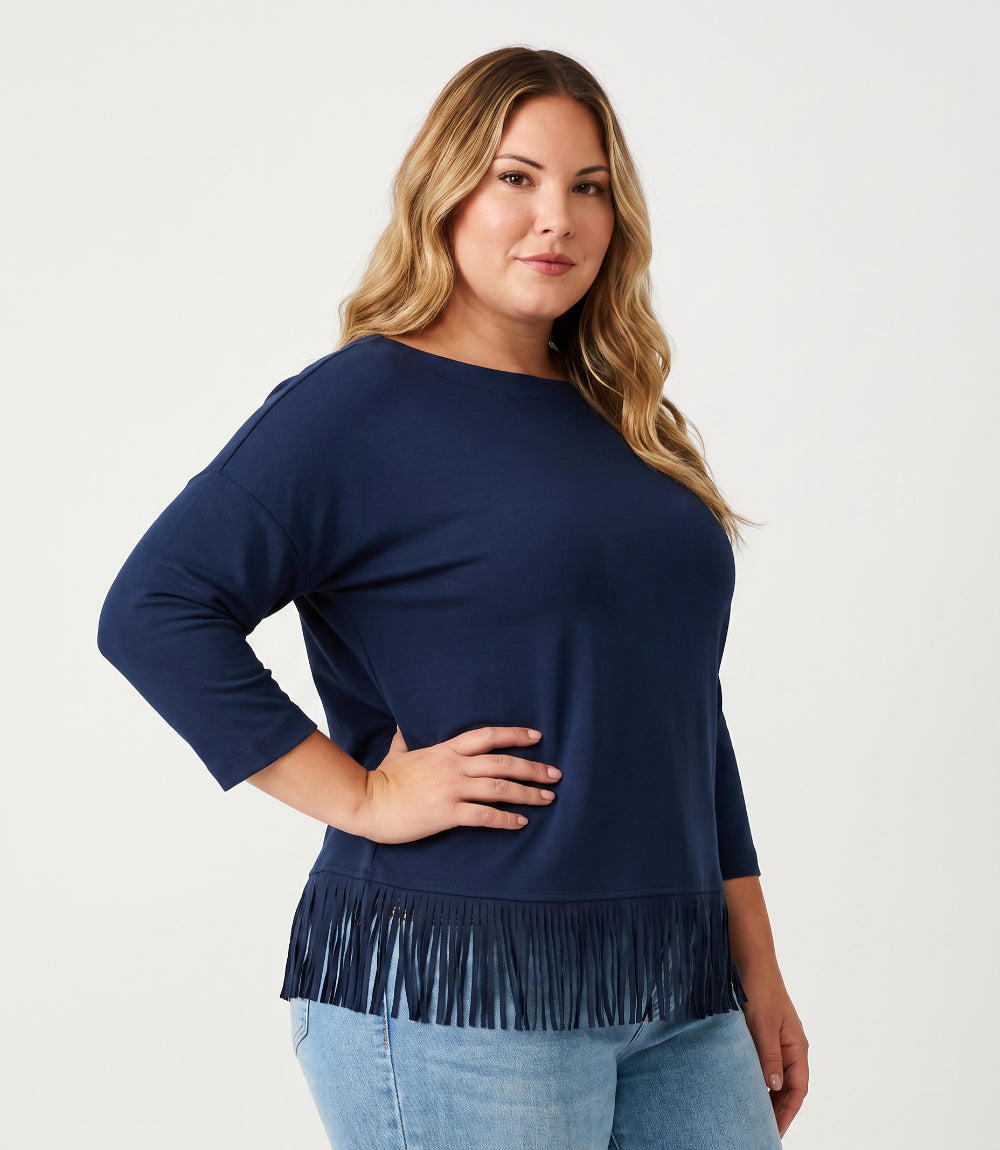Plus Size 3/4 Sleeve Fringe Boatneck Top