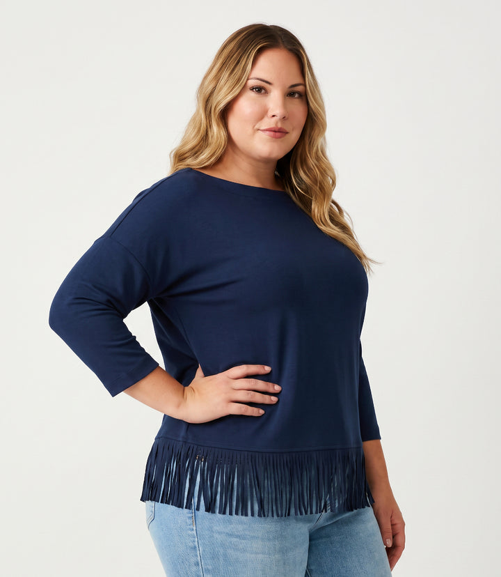 Plus Size 3/4 Sleeve Fringe Boatneck Top