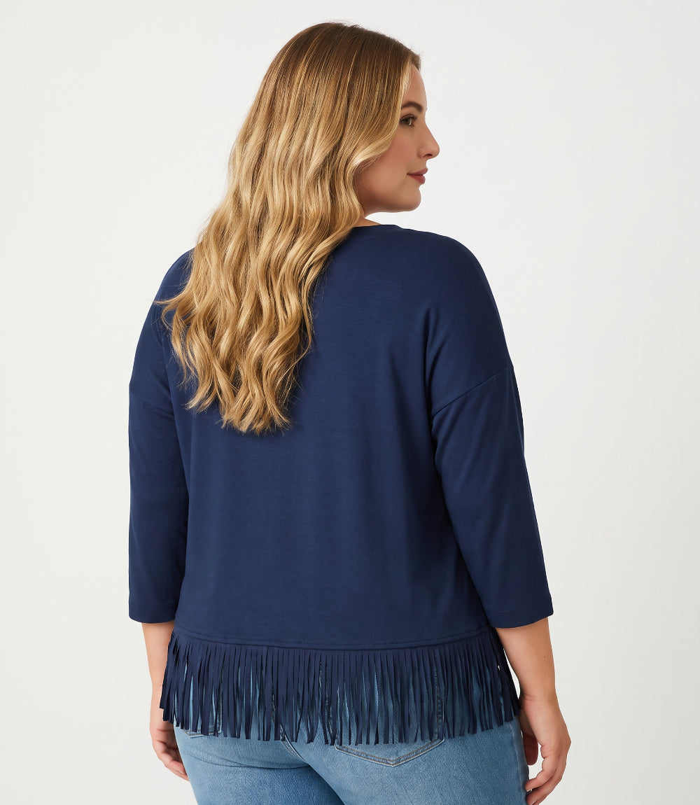Plus Size 3/4 Sleeve Fringe Boatneck Top
