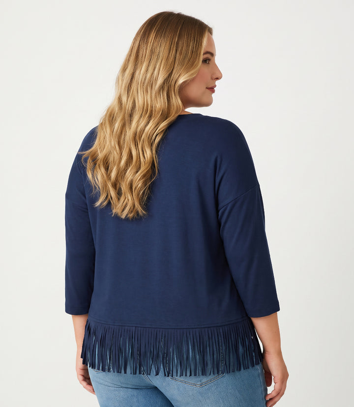 Plus Size 3/4 Sleeve Fringe Boatneck Top