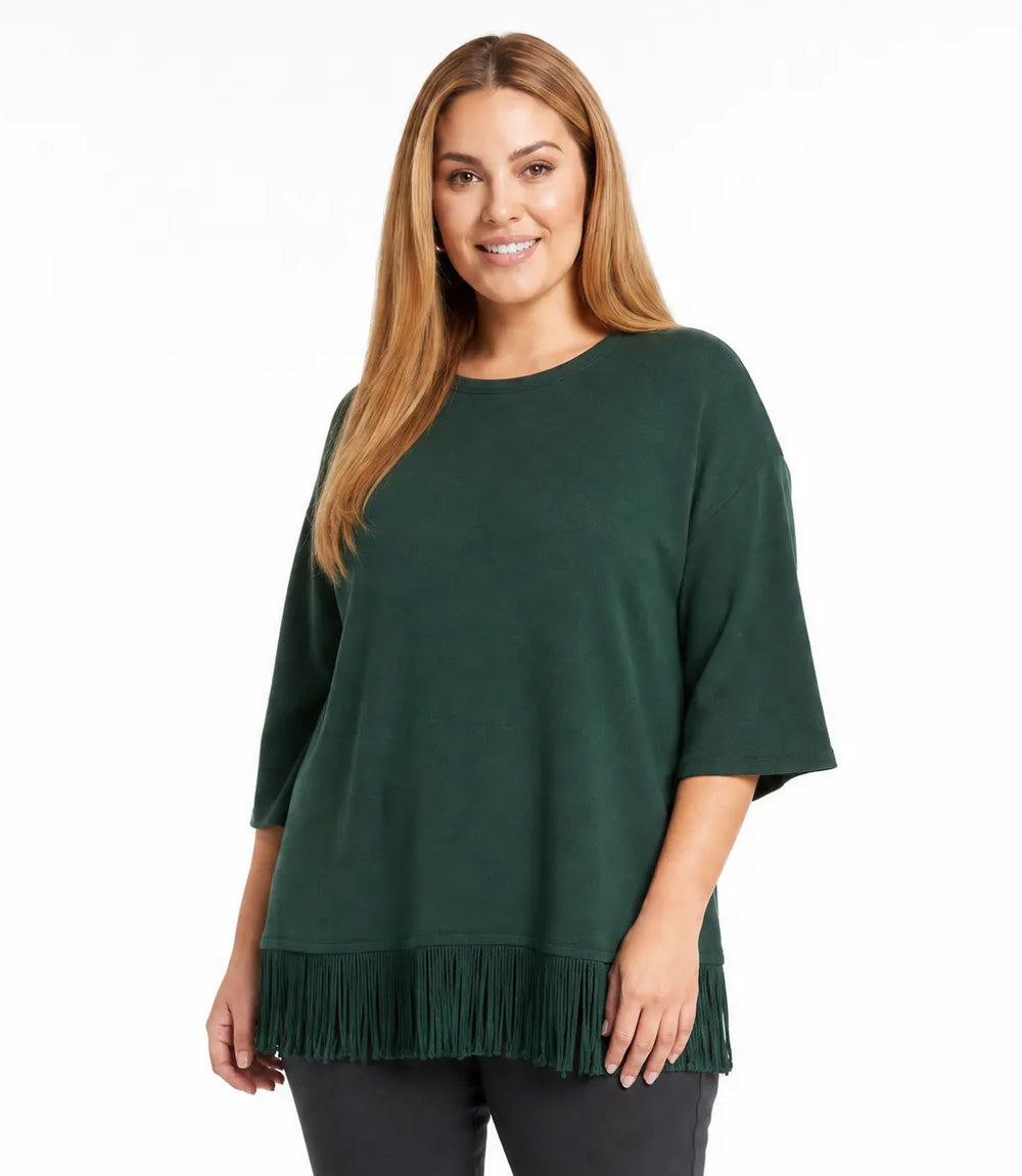 Plus Size 3/4 Sleeve Fringe Boatneck Top