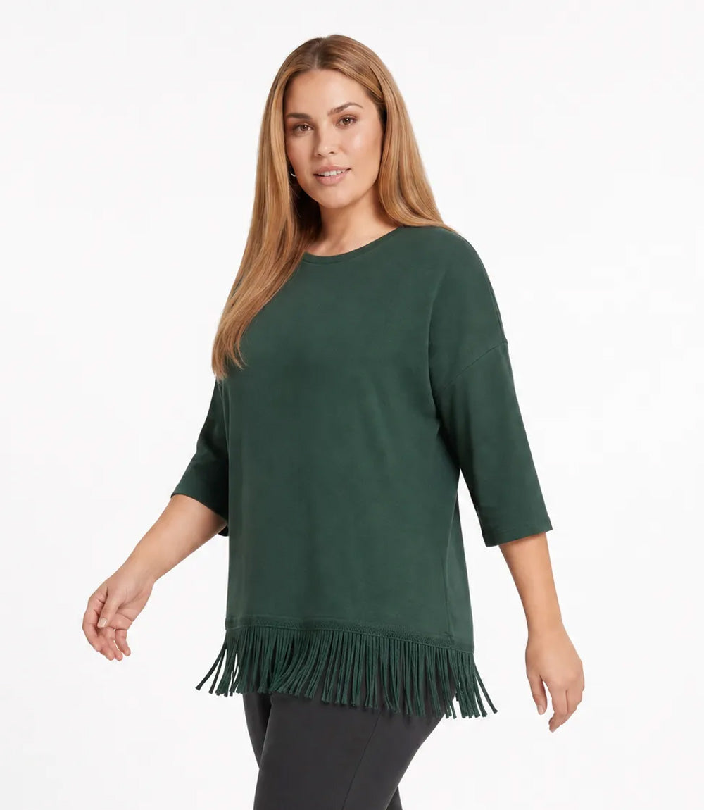 Plus Size 3/4 Sleeve Fringe Boatneck Top