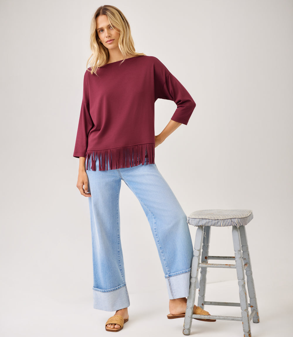 3/4 Sleeve Fringe Boatneck Top