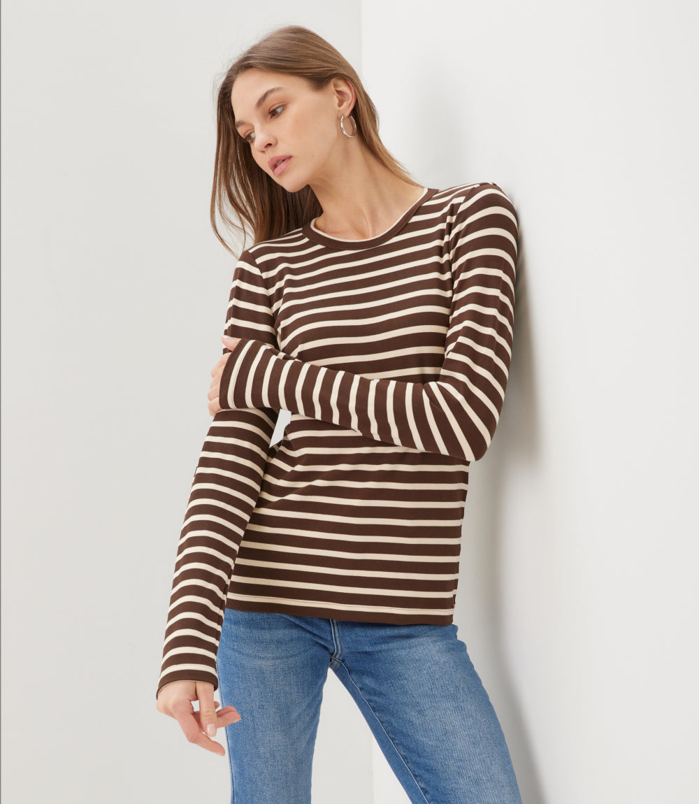 Petite Size Stripe Long Sleeve Crewneck Top