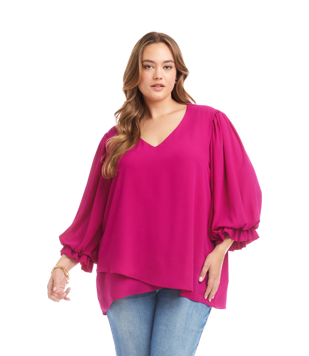 Plus size layered sleeve V-neck top with asymmetrical hem and bishop sleeves in bright pink