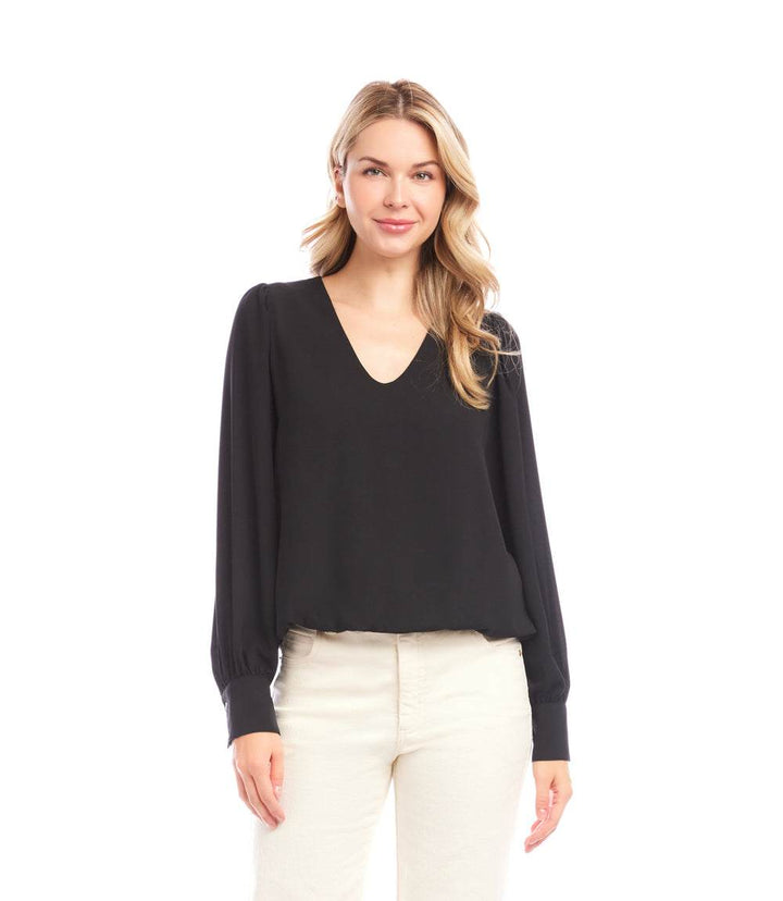 Black Puff Sleeve V-Neck Top with long sleeves and buttoned cuffs in silky crepe fabric