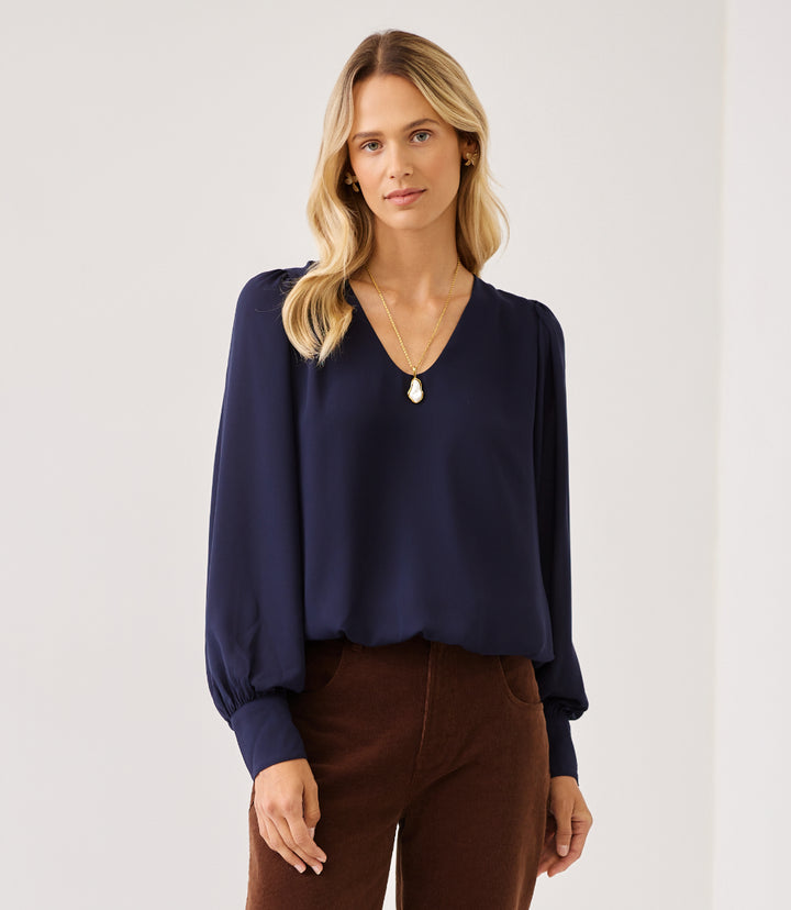 Petite Size Puff Sleeve V-Neck Top