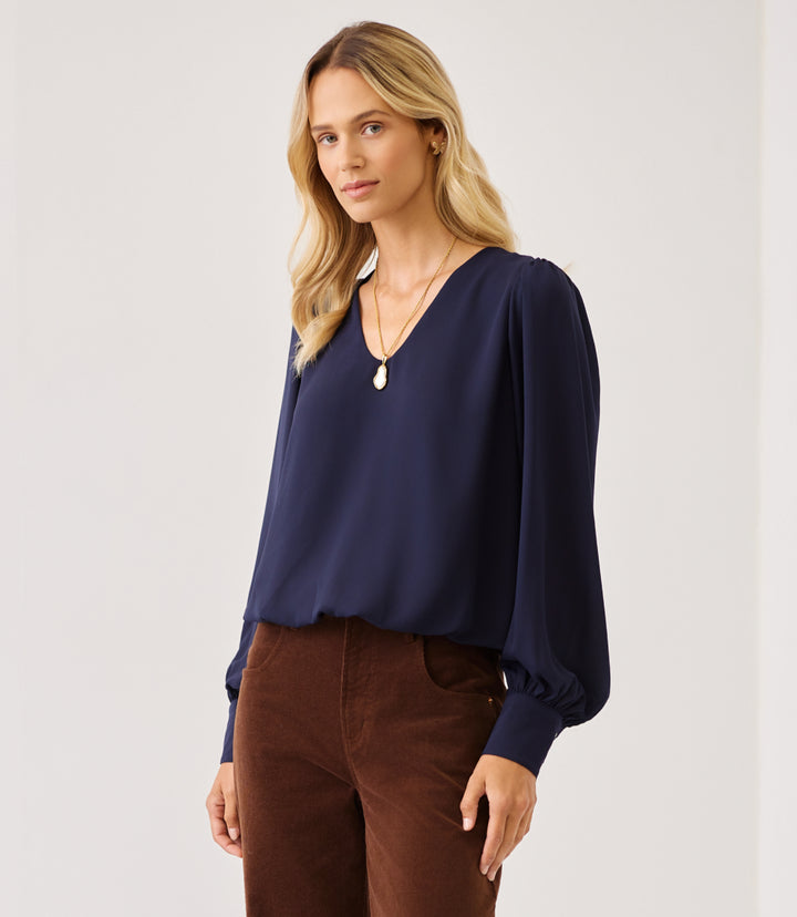 Petite Size Puff Sleeve V-Neck Top