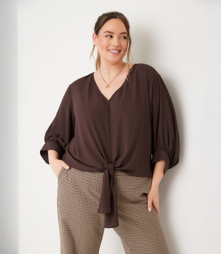 Plus Size Blouson Sleeve Tie-Front Top