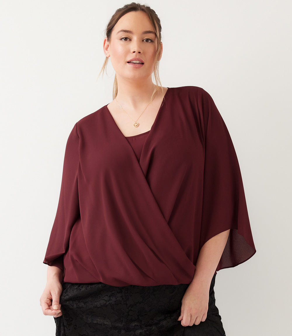 Plus Size Bracelet Sleeve Drape Front Crossover Top
