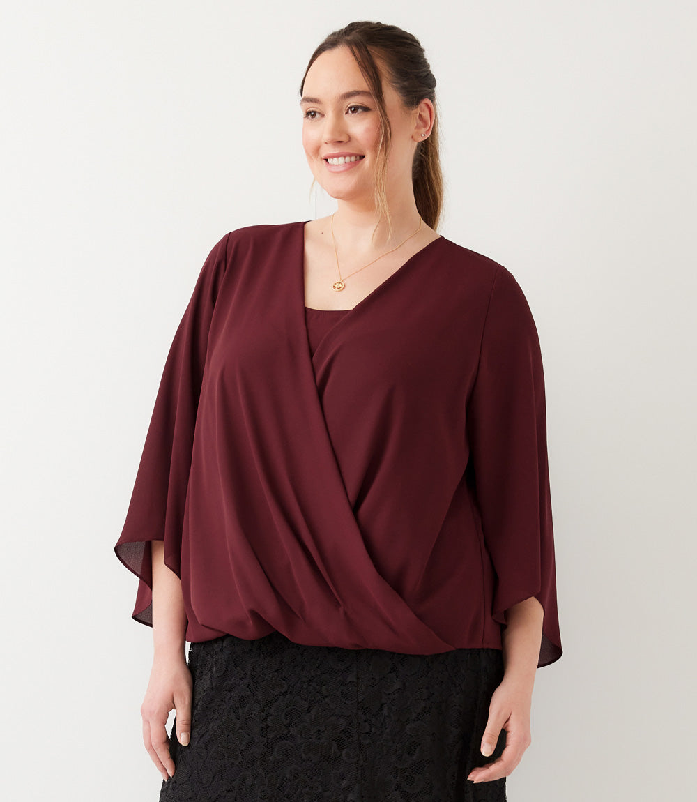 Plus Size Bracelet Sleeve Drape Front Crossover Top
