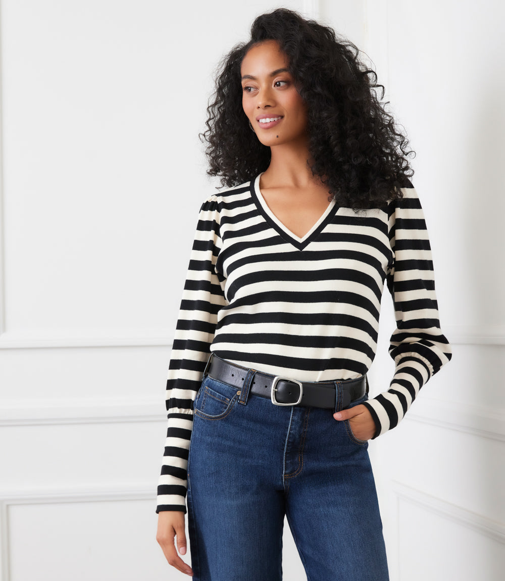 Petite Size Stripe Bishop Sleeve V-Neck Top