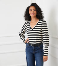 Petite Size Stripe Bishop Sleeve V-Neck Top