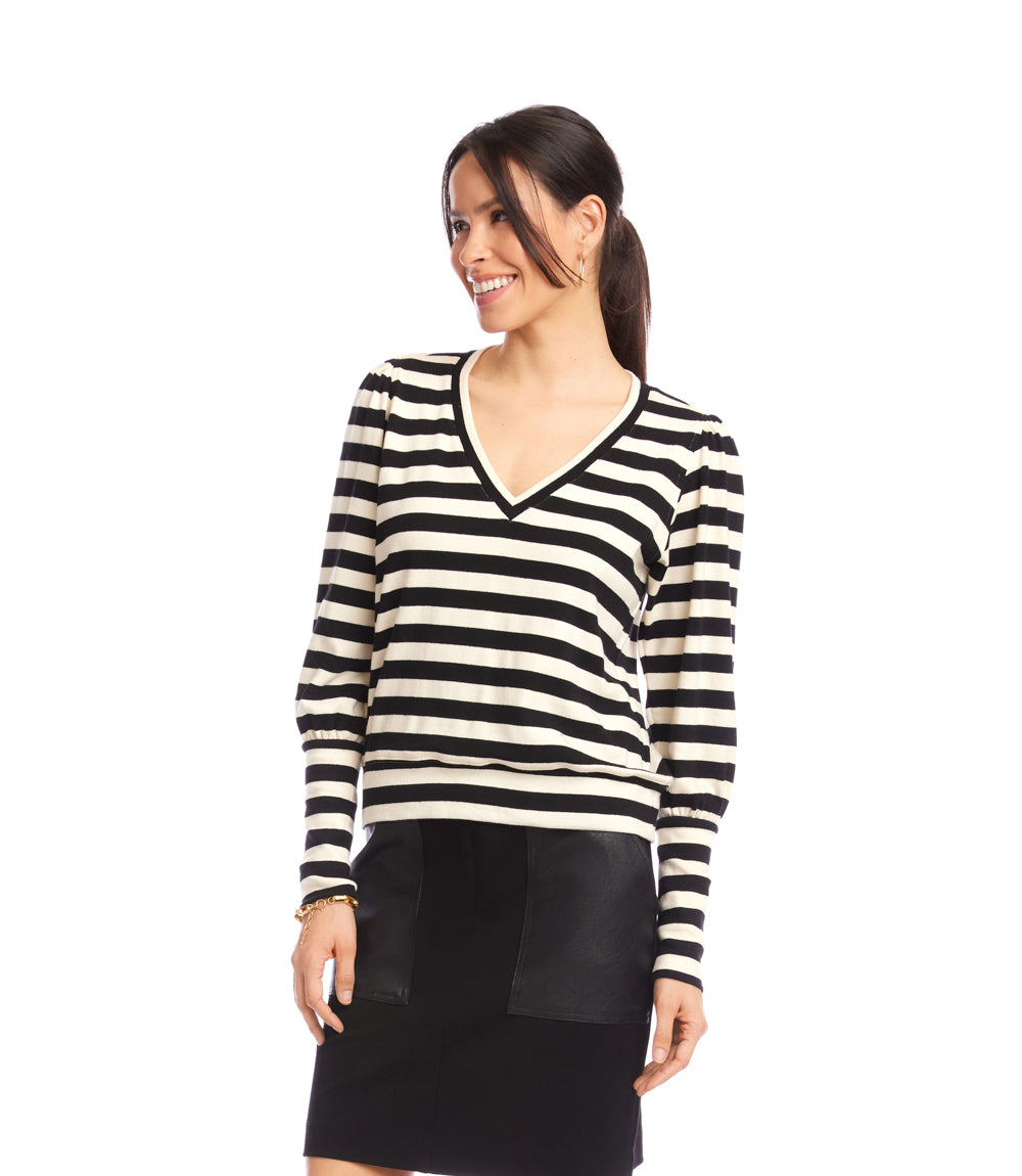 Petite Size Stripe Bishop Sleeve V-Neck Top