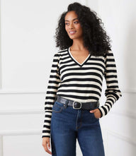 Stripe Bishop Sleeve V-Neck Top with soft stripe knit and gathered bishop sleeves