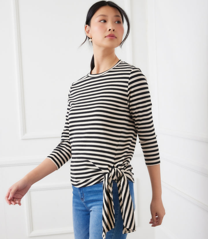 Stripe 3/4 Sleeve Side-Tie Top