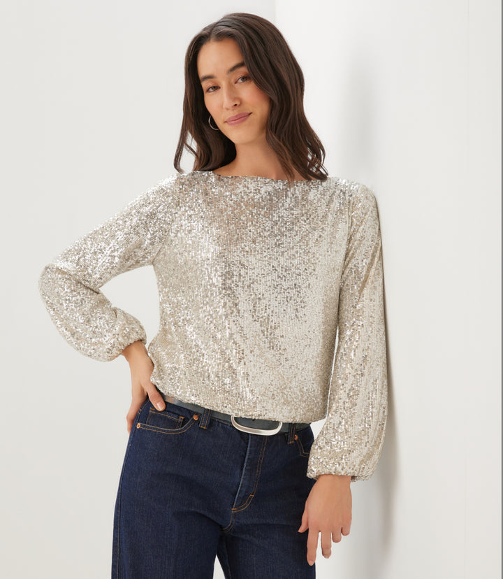 Petite Size Sequin Blouson Sleeve Boatneck Top