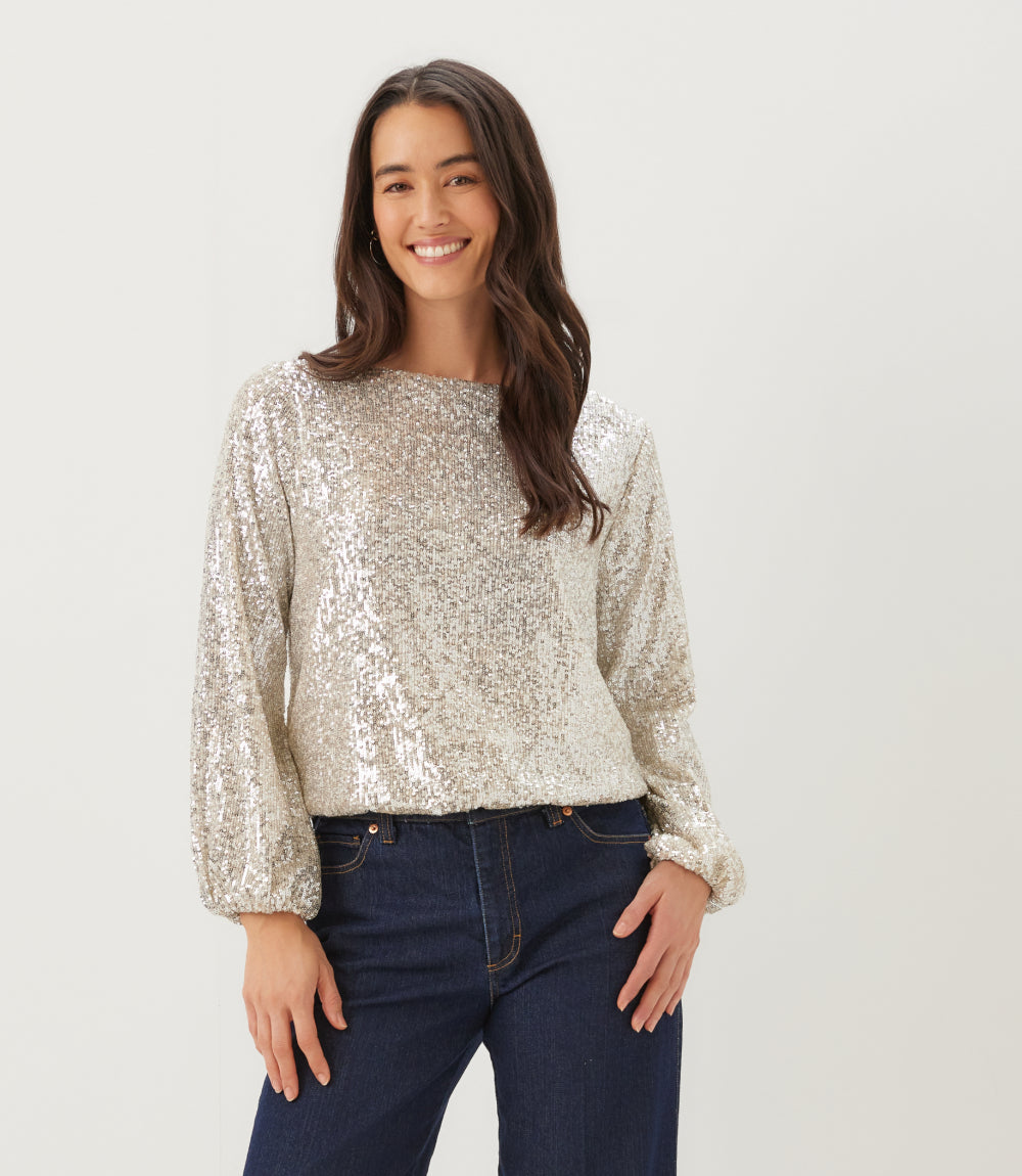 Petite Size Sequin Blouson Sleeve Boatneck Top
