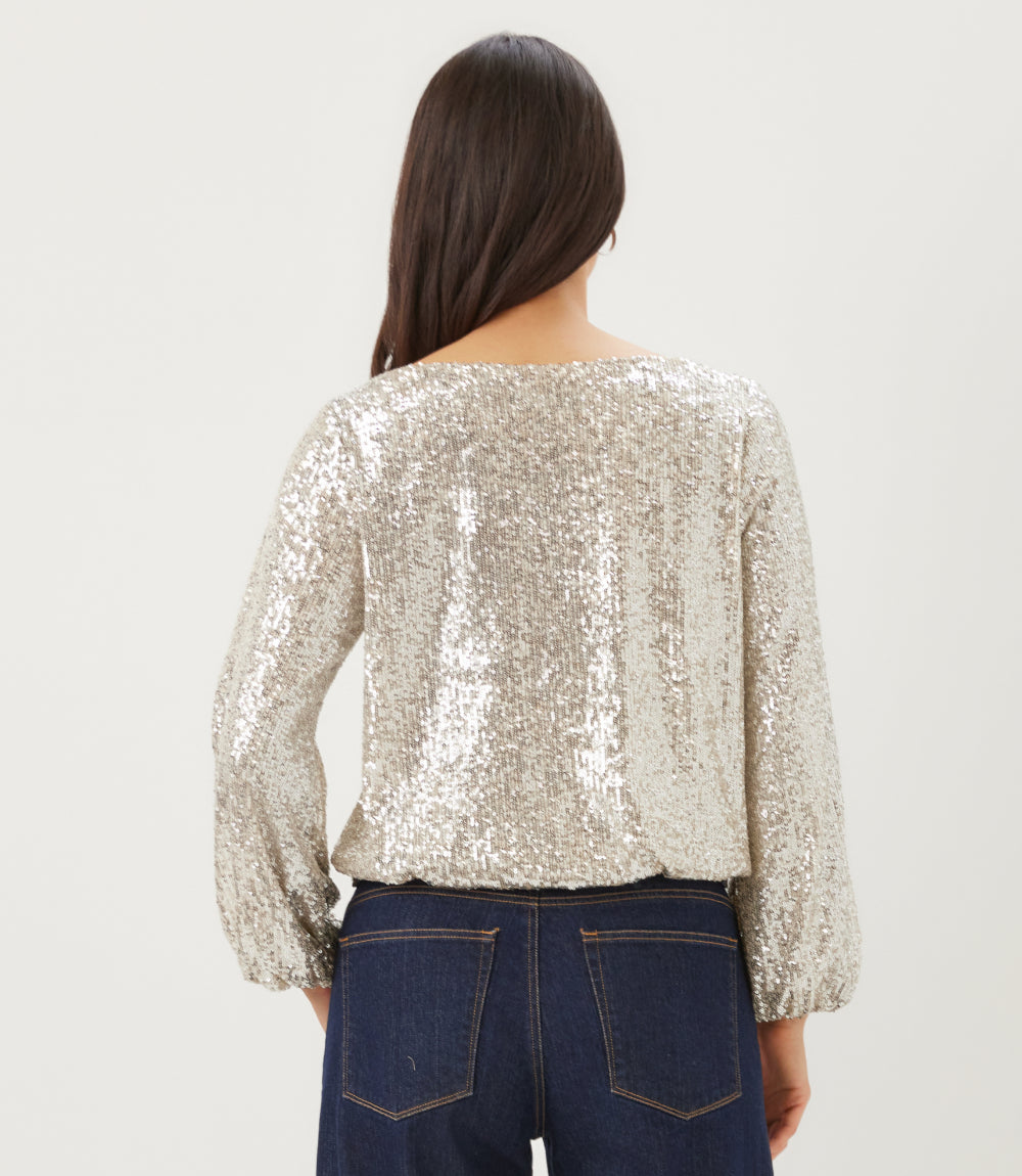 Petite Size Sequin Blouson Sleeve Boatneck Top