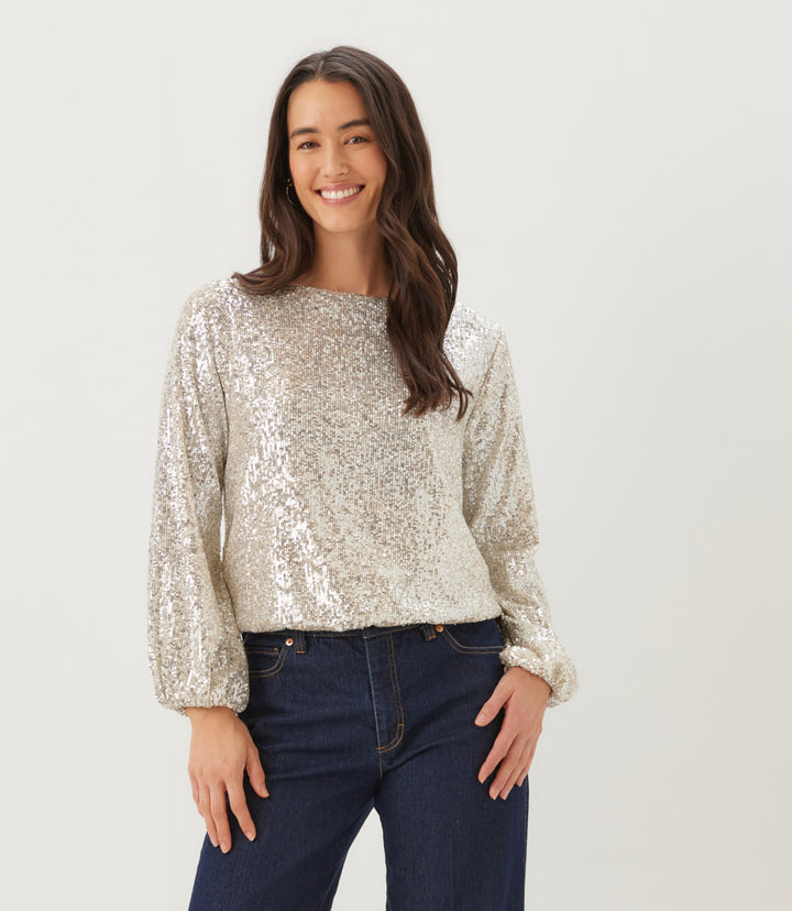 Sequin Blouson Sleeve Boatneck Top
