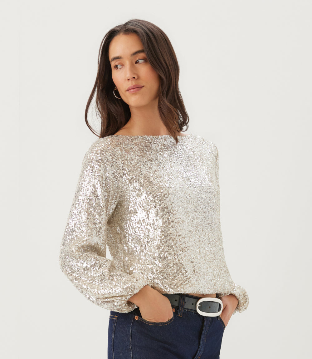 Sequin Blouson Sleeve Boatneck Top