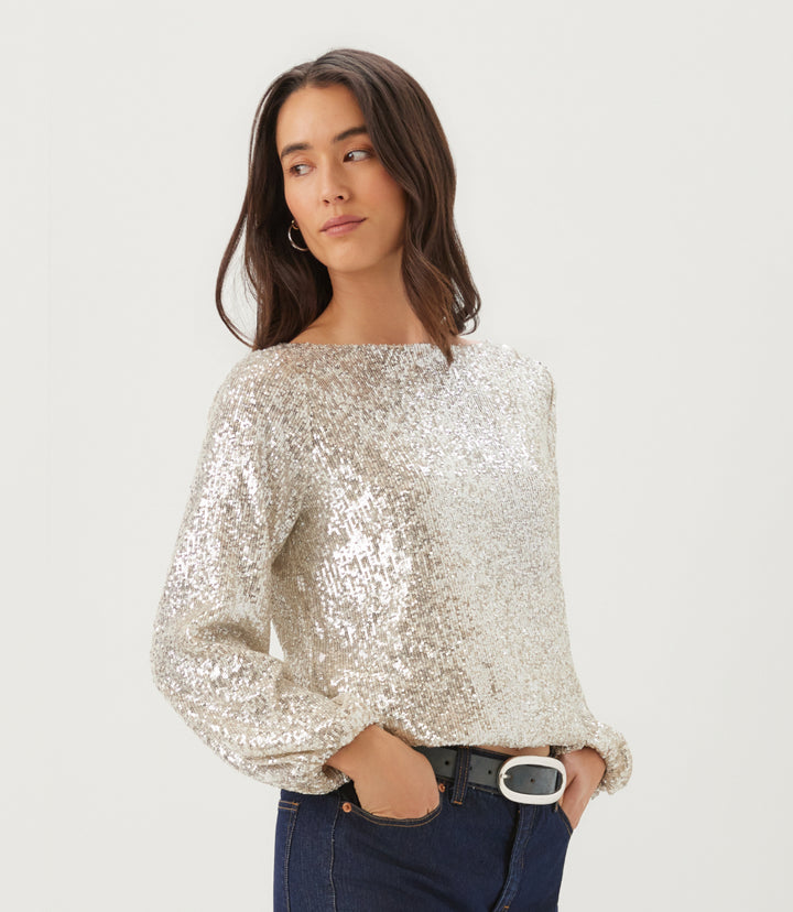 Sequin Blouson Sleeve Boatneck Top