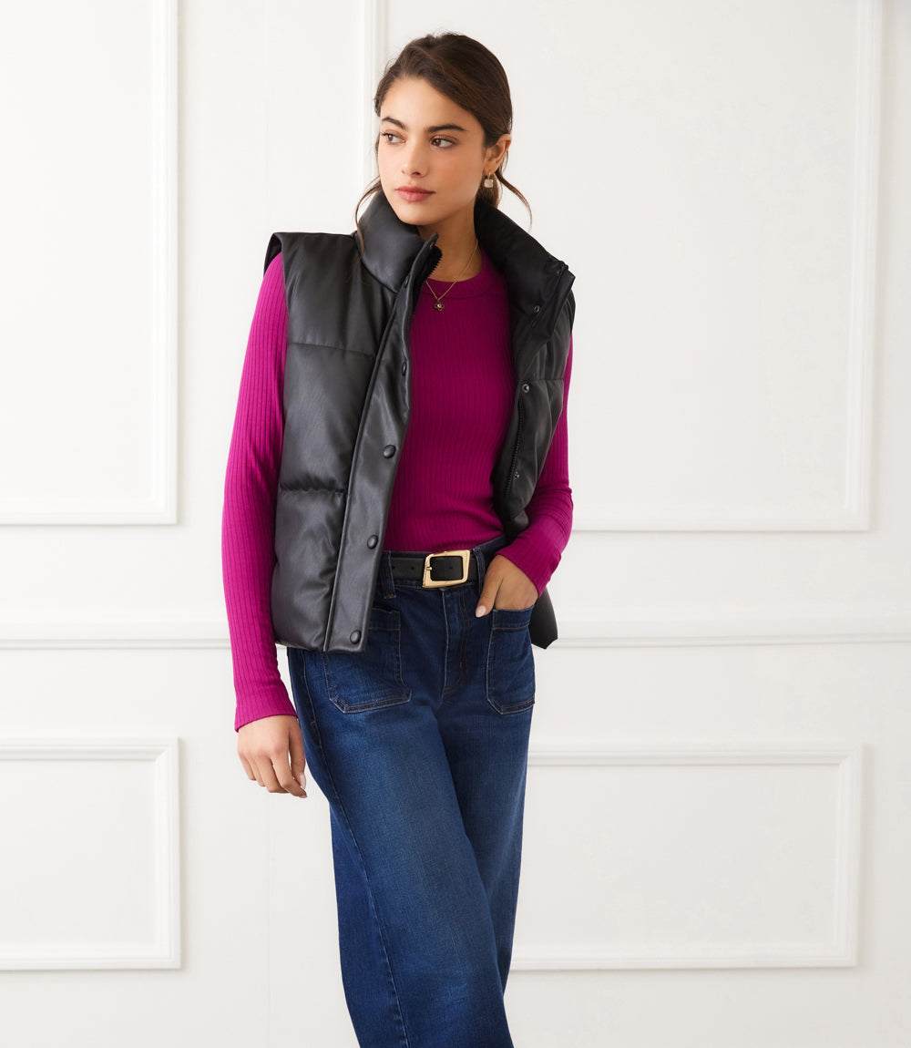 Faux Leather Quilted Puffer Vest