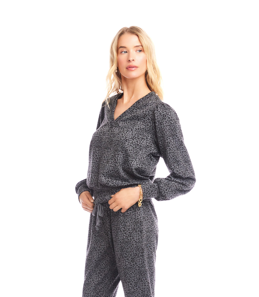 Animal Print Puff Sleeve V-Neck Sweatshirt