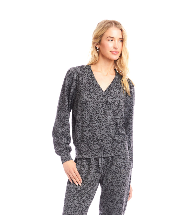 Animal Print Puff Sleeve V-Neck Sweatshirt